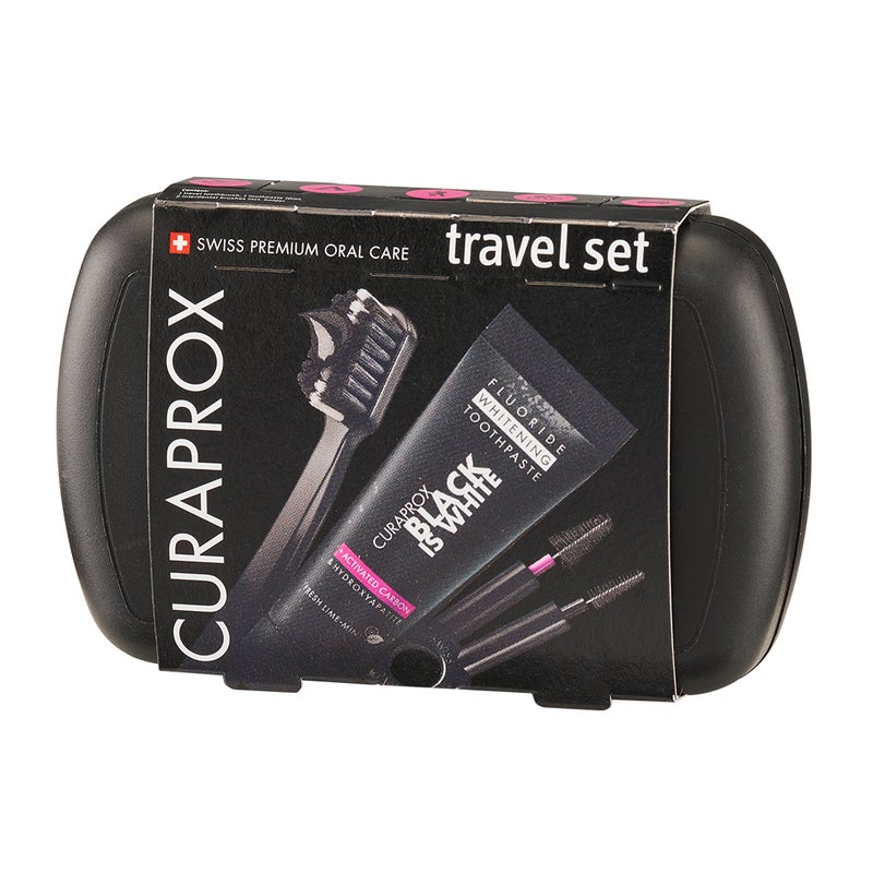 CURAPROX Black Is White Travel Set I Includes CS 5460 Ultra-Soft Travel Toothbrush, 10ml Black Is White Whitening Toothpaste with Carbon Interdental Brushes CPS Prime 07 & 09 - Image 1